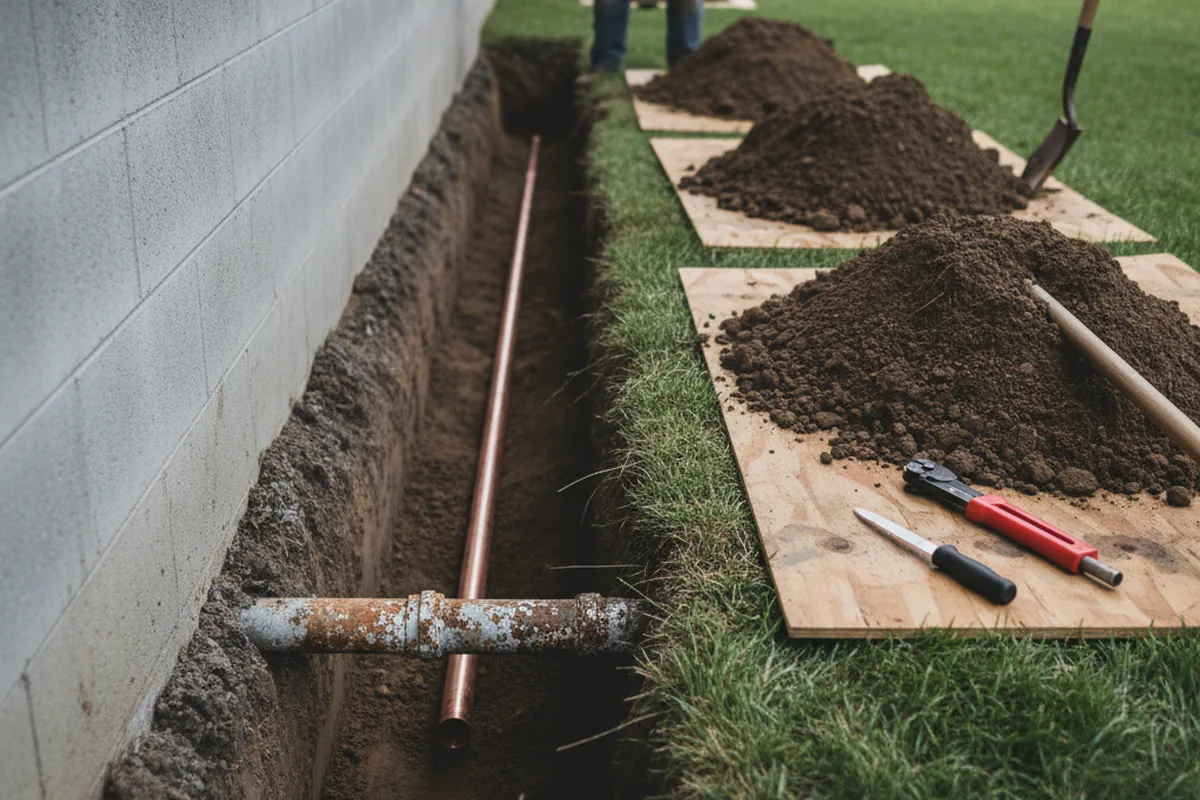 Excavated water line trench during Sewer Line Repair in Paw Paw